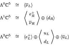 \begin{eqnarray*}
\Lambda ^0 {\mathbb{C}}^5 & \cong & \langle \overline{\nu}_L \...
...d_L \end{array} \! \right\rangle \oplus
\langle \ubar_L \rangle
\end{eqnarray*}