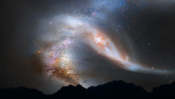 The Milky Way and Andromeda Nebula after their first collision, 4 billion years from now