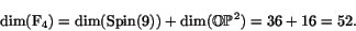 \begin{displaymath}\dim(\F _4) = \dim(\Spin (9)) + \dim(\OP^2) =
36 + 16 = 52.\end{displaymath}