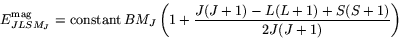 \begin{displaymath}
E^{\rm mag}_{JLSM_J} =
{\rm constant}\,BM_J\left(1+\frac{J(J+1)-L(L+1)+S(S+1)}{2J(J+1)}\right)
\end{displaymath}