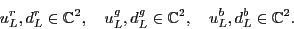 \begin{displaymath}u^r_L, d^r_L \in {\mathbb{C}}^2, \quad u^g_L, d^g_L \in {\mathbb{C}}^2, \quad
u^b_L, d^b_L \in {\mathbb{C}}^2. \end{displaymath}