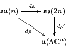 \begin{displaymath}
\xymatrix{
{\mathfrak{su}}(n) \ar[r]^{d\psi} \ar[dr]_{d\rho}...
...k{so}}(2n) \ar[d]^{d\rho'} \\
& \u (\Lambda {\mathbb C}^n)
}
\end{displaymath}