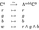 \begin{displaymath}
\begin{array}{ccl}
{\mathbb{C}}^4 & \stackrel{\sim}{\longri...
...\mapsto & b \\
w & \mapsto & r \wedge g \wedge b
\end{array}\end{displaymath}