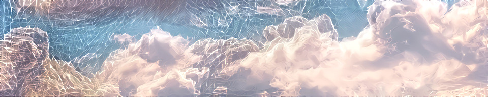 An image of clouds that have been deep-dreamed to have a network-like overlay.